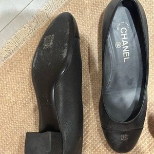 CHANEL Black Leather Square-Toe Low Heel Slip-Ons